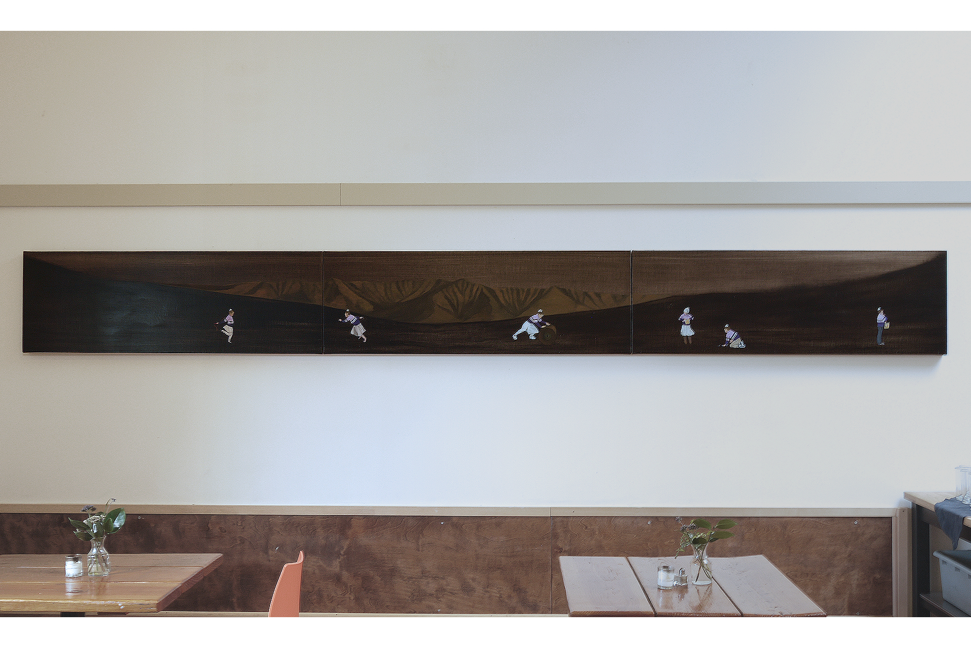 Shangri-La Girls School: Purple Sweaters, 2015, oil on linen, 16 x 144 inches, triptych